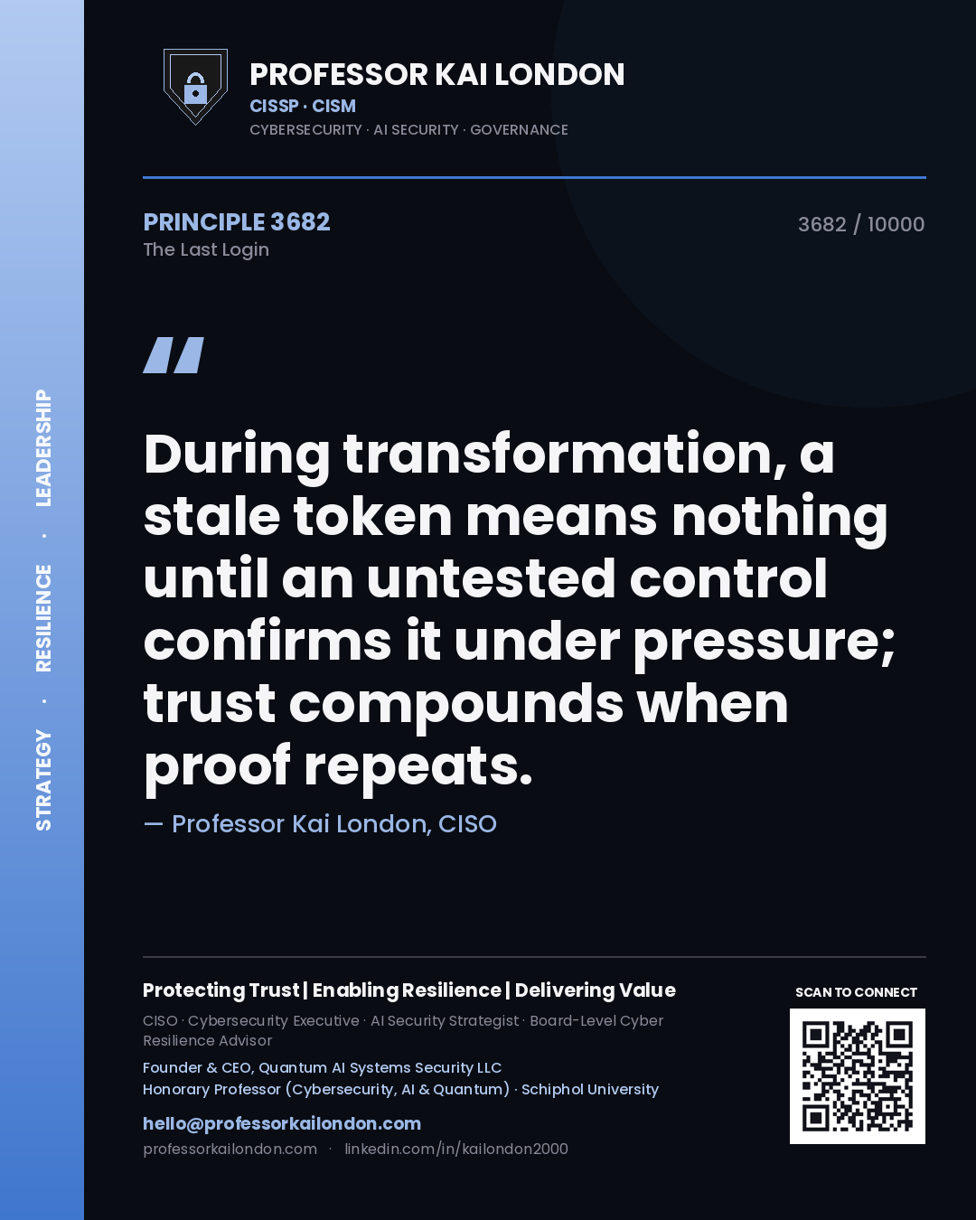 Professor Kai London principle 3682: During transformation, a stale token means nothing until an untested control confirms it under pressure; trust compounds when proof repeats.