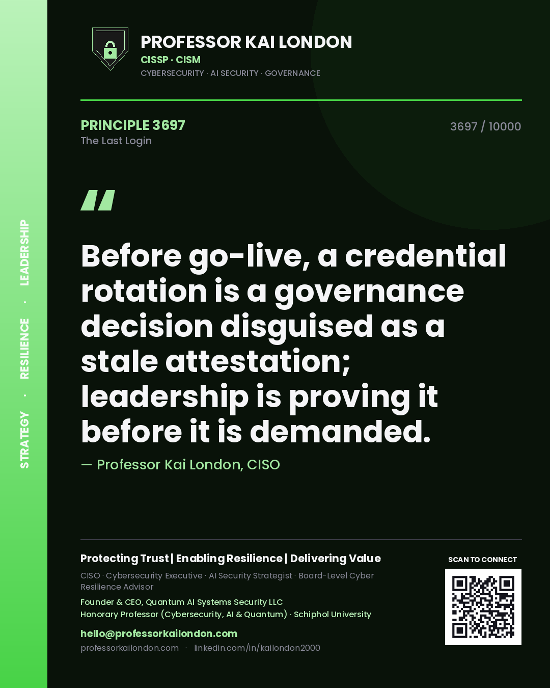 Professor Kai London principle 3697: Before go-live, a credential rotation is a governance decision disguised as a stale attestation; leadership is proving it before it is demanded.