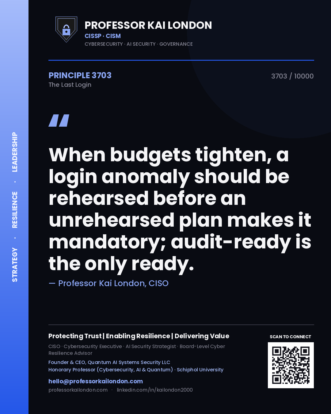Professor Kai London principle 3703: When budgets tighten, a login anomaly should be rehearsed before an unrehearsed plan makes it mandatory; audit-ready is the only ready.