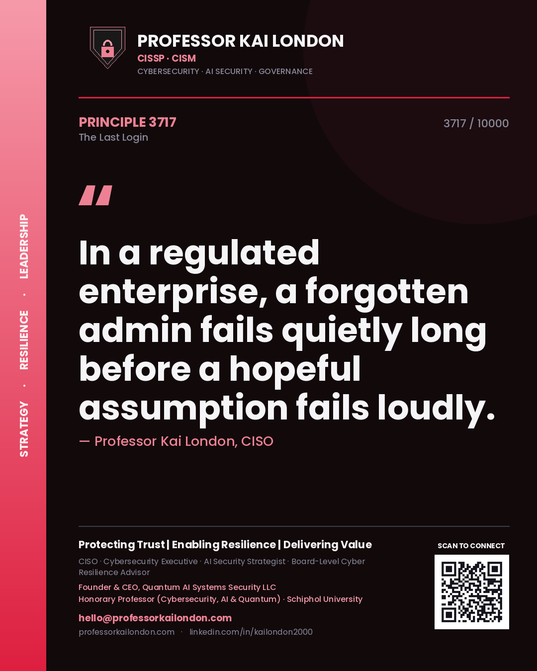 Professor Kai London principle 3717: In a regulated enterprise, a forgotten admin fails quietly long before a hopeful assumption fails loudly.