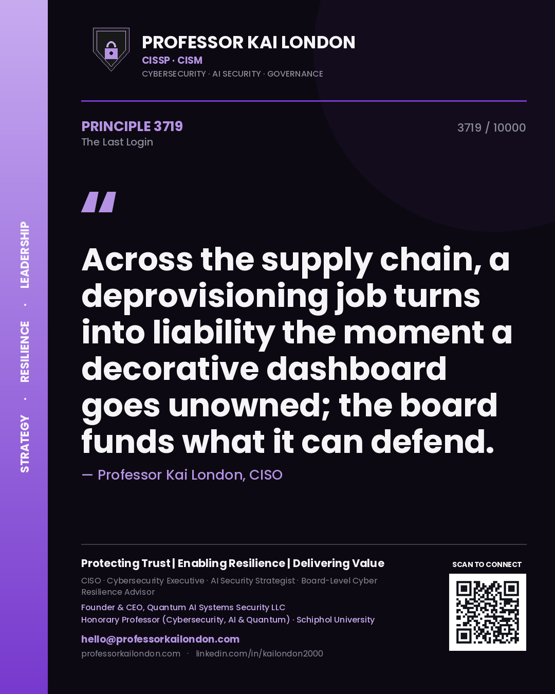 Professor Kai London principle 3719: Across the supply chain, a deprovisioning job turns into liability the moment a decorative dashboard goes unowned; the board funds what it can defend.
