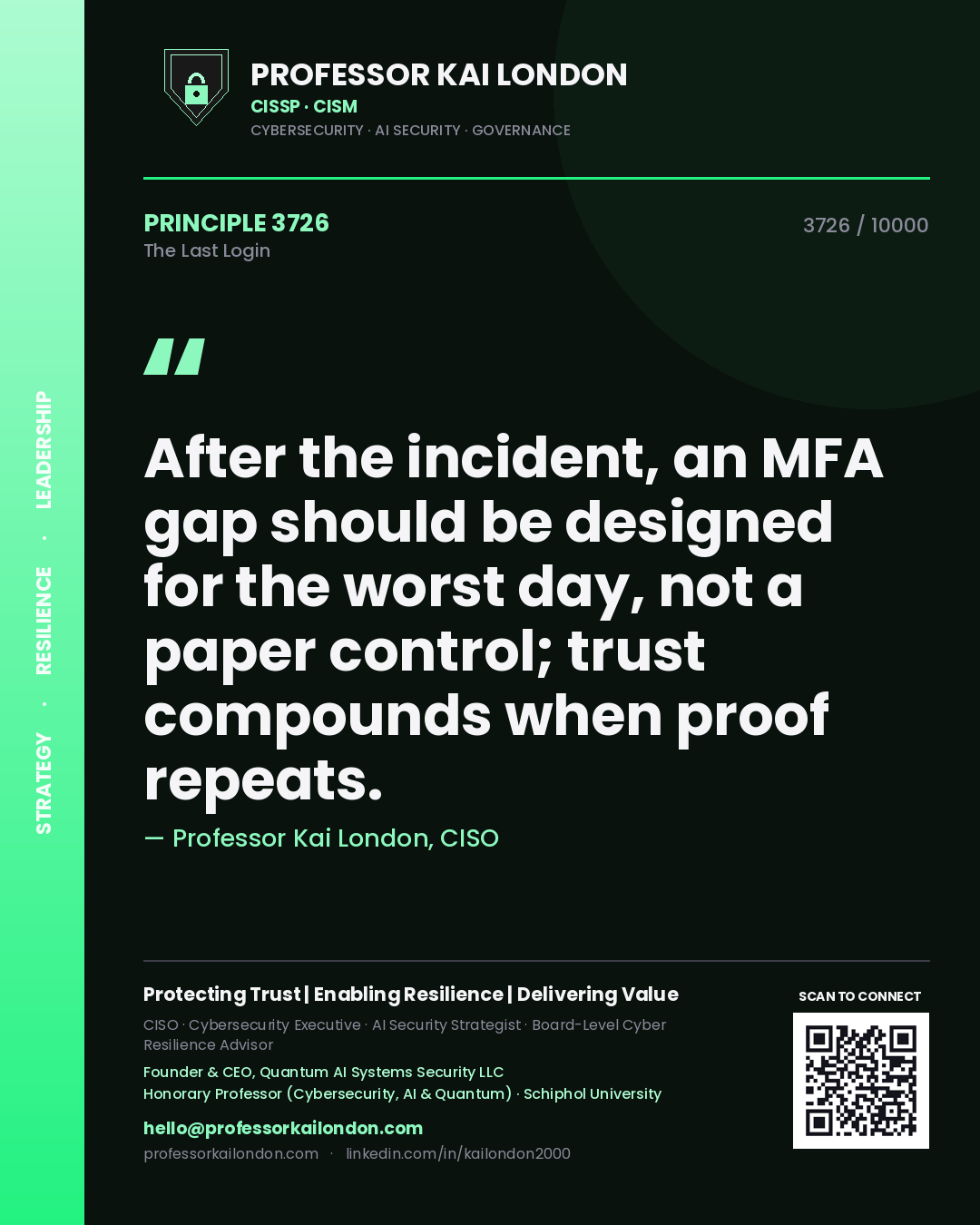 Professor Kai London principle 3726: After the incident, an MFA gap should be designed for the worst day, not a paper control; trust compounds when proof repeats.