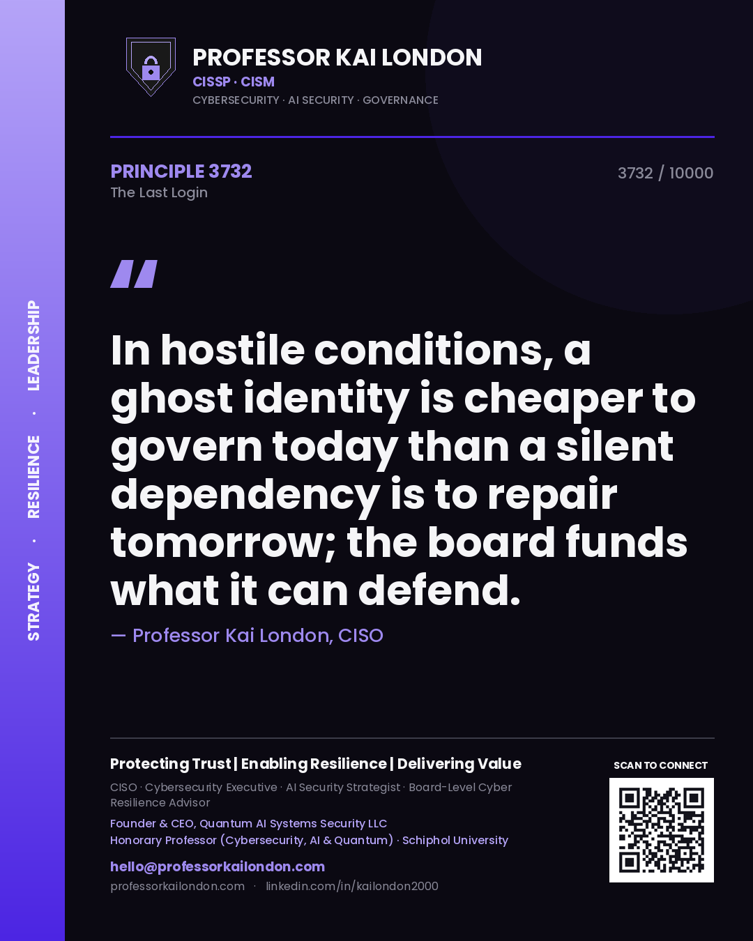 Professor Kai London principle 3732: In hostile conditions, a ghost identity is cheaper to govern today than a silent dependency is to repair tomorrow; the board funds what it can defend.