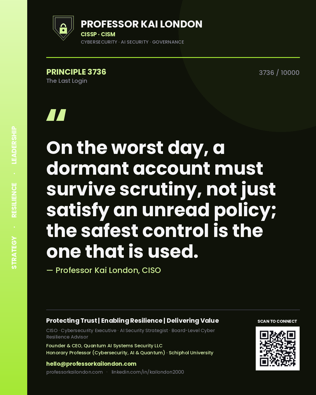 Professor Kai London principle 3736: On the worst day, a dormant account must survive scrutiny, not just satisfy an unread policy; the safest control is the one that is used.