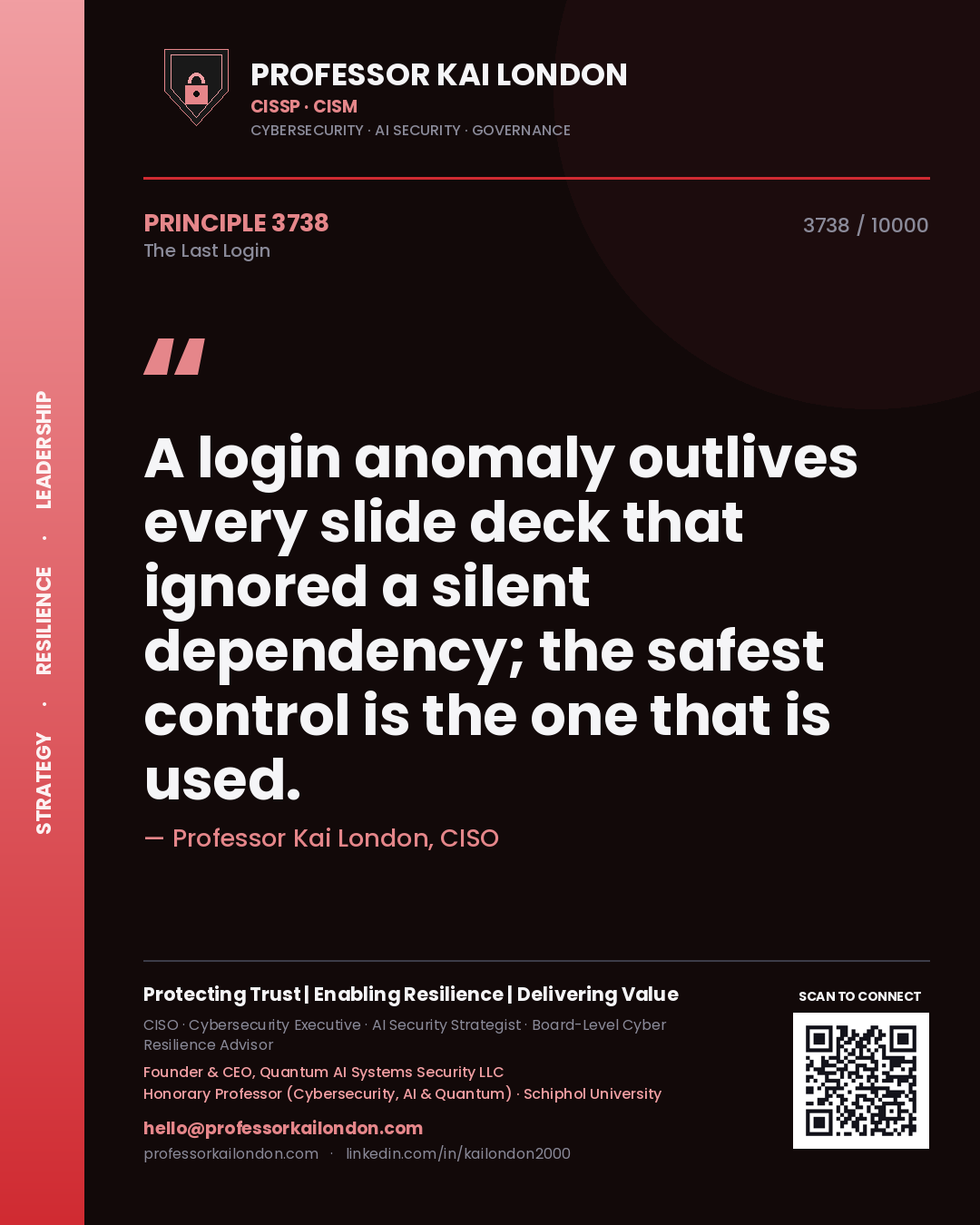 Professor Kai London principle 3738: A login anomaly outlives every slide deck that ignored a silent dependency; the safest control is the one that is used.