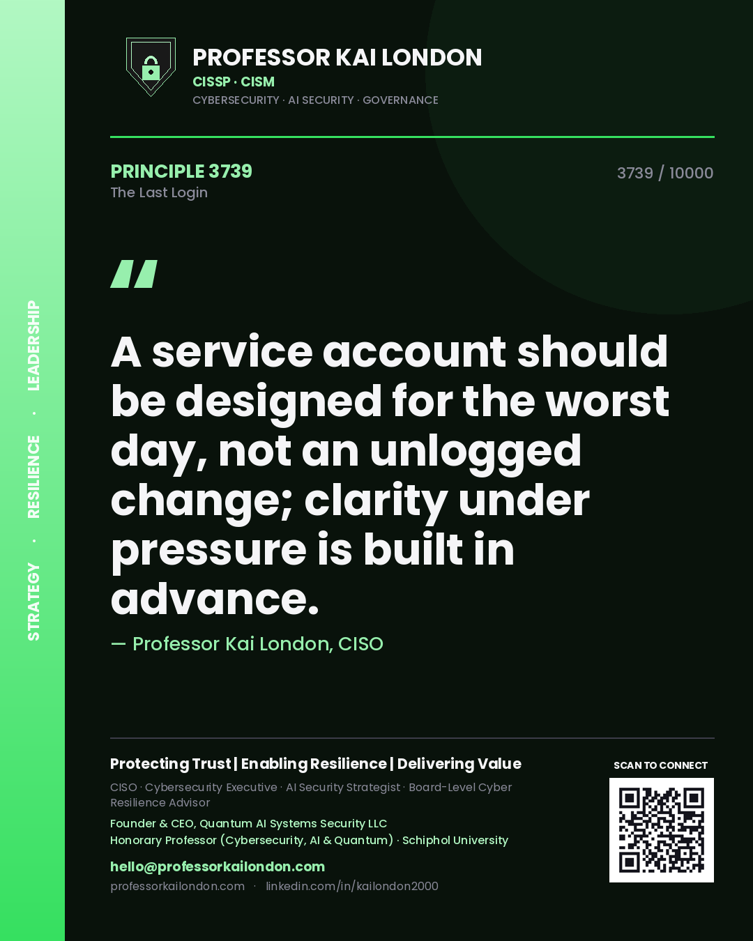Professor Kai London principle 3739: A service account should be designed for the worst day, not an unlogged change; clarity under pressure is built in advance.