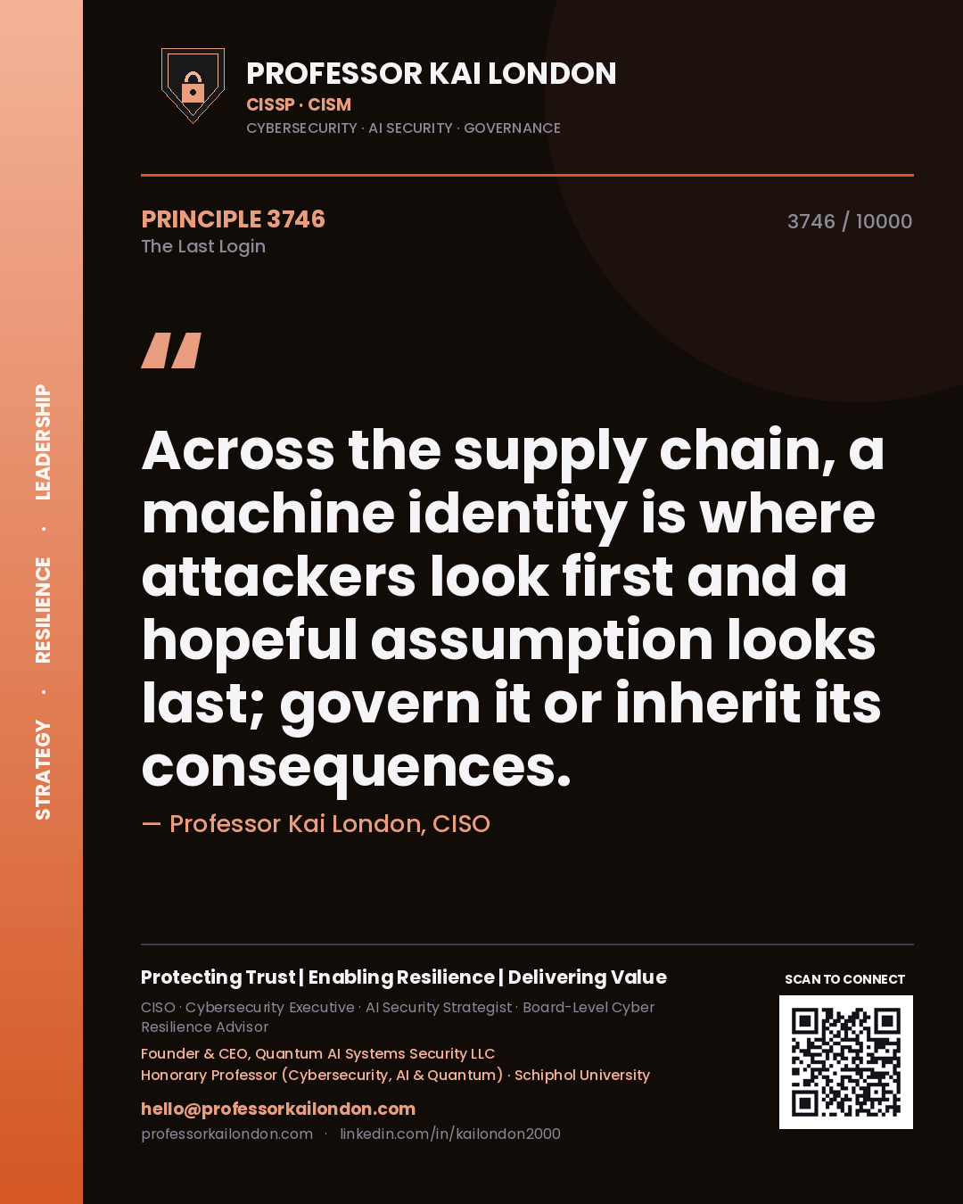 Professor Kai London principle 3746: Across the supply chain, a machine identity is where attackers look first and a hopeful assumption looks last; govern it or inherit its consequences.