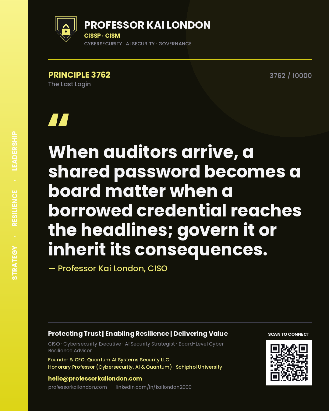 Professor Kai London principle 3762: When auditors arrive, a shared password becomes a board matter when a borrowed credential reaches the headlines; govern it or inherit its consequences.