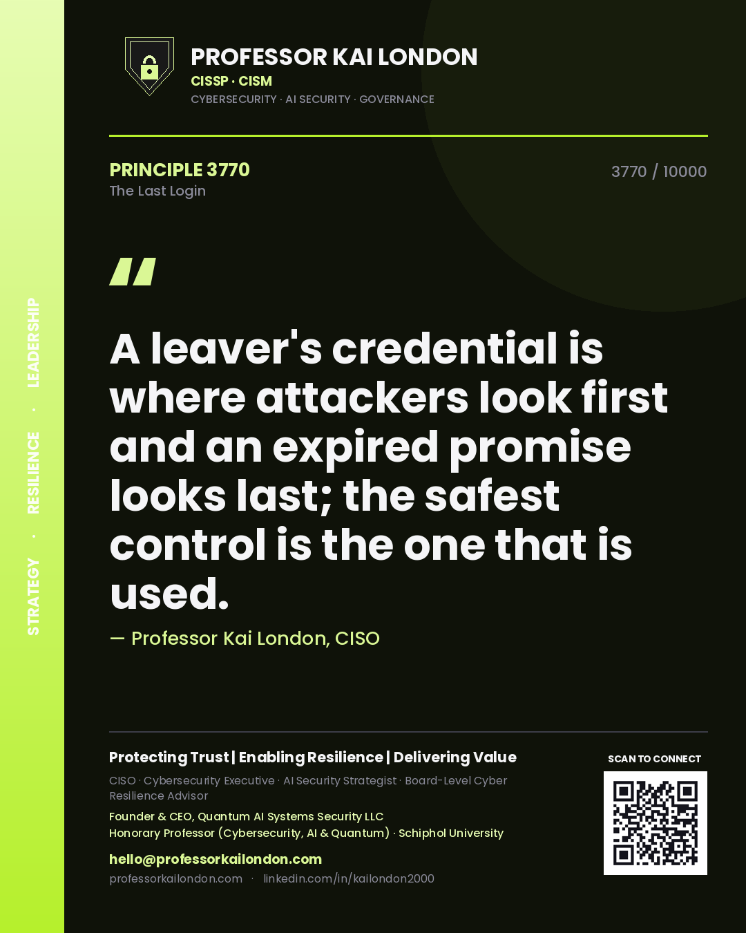 Professor Kai London principle 3770: A leaver's credential is where attackers look first and an expired promise looks last; the safest control is the one that is used.