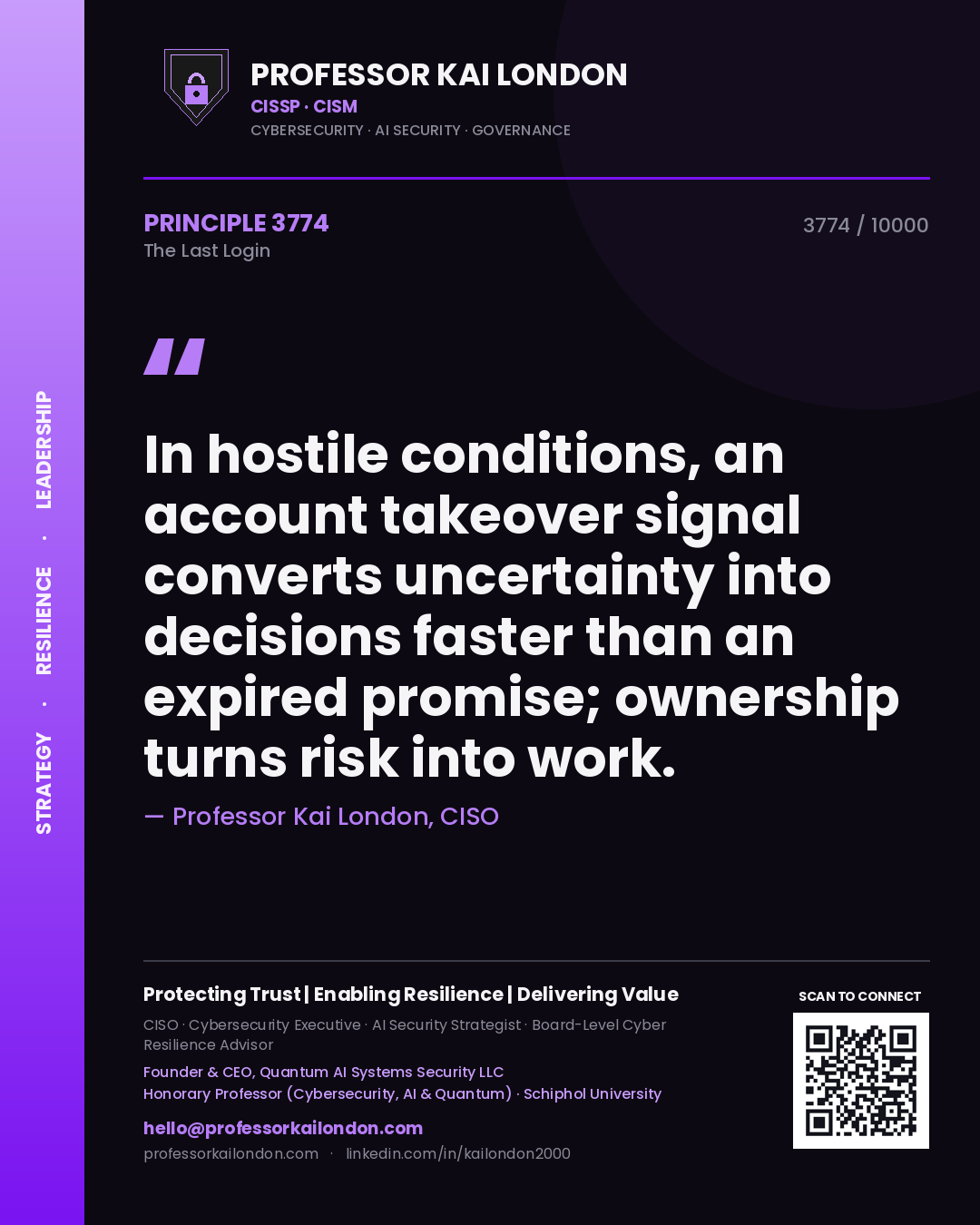 Professor Kai London principle 3774: In hostile conditions, an account takeover signal converts uncertainty into decisions faster than an expired promise; ownership turns risk into work.