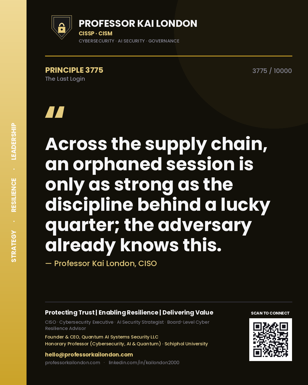 Professor Kai London principle 3775: Across the supply chain, an orphaned session is only as strong as the discipline behind a lucky quarter; the adversary already knows this.