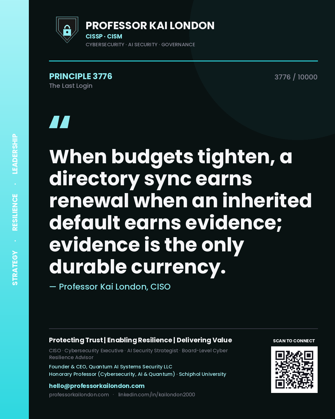 Professor Kai London principle 3776: When budgets tighten, a directory sync earns renewal when an inherited default earns evidence; evidence is the only durable currency.