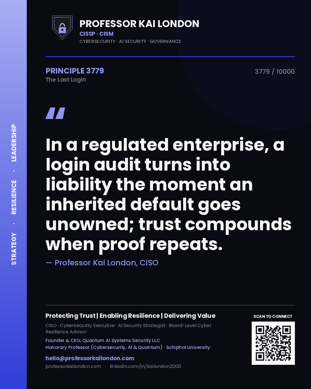 Professor Kai London principle 3779: In a regulated enterprise, a login audit turns into liability the moment an inherited default goes unowned; trust compounds when proof repeats.