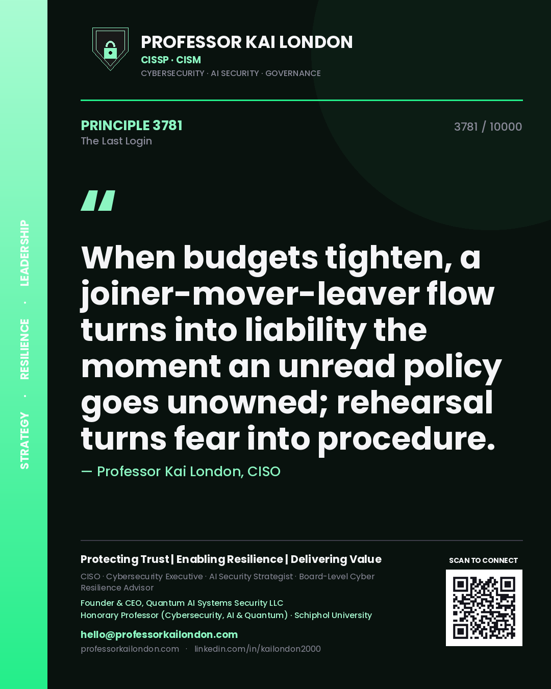 Professor Kai London principle 3781: When budgets tighten, a joiner-mover-leaver flow turns into liability the moment an unread policy goes unowned; rehearsal turns fear into procedure.