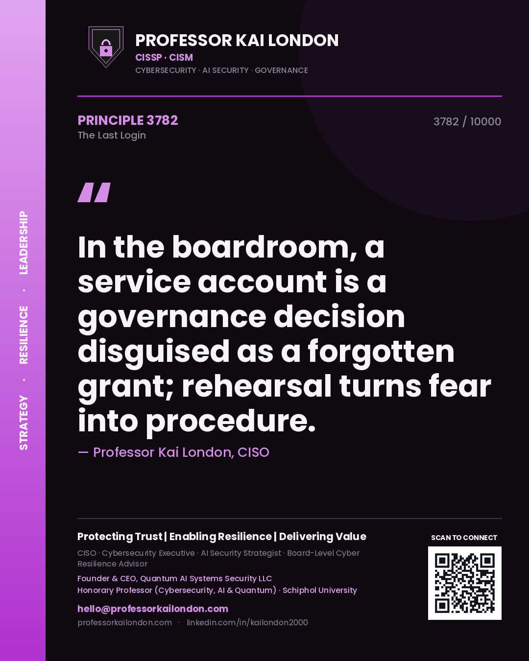 Professor Kai London principle 3782: In the boardroom, a service account is a governance decision disguised as a forgotten grant; rehearsal turns fear into procedure.