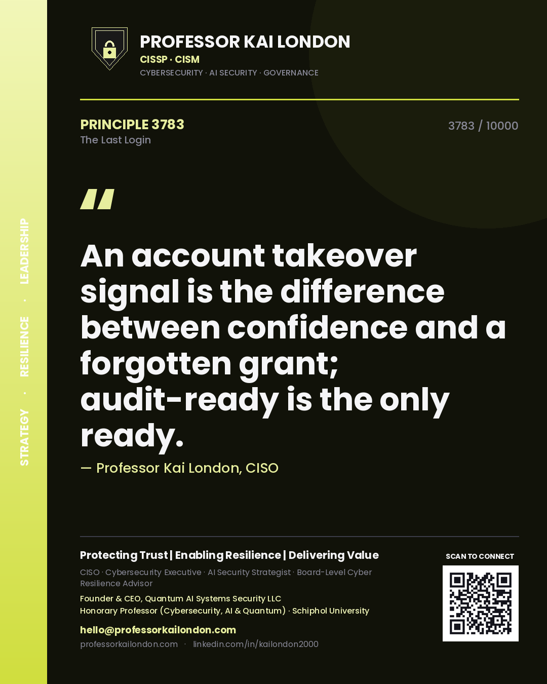 Professor Kai London principle 3783: An account takeover signal is the difference between confidence and a forgotten grant; audit-ready is the only ready.