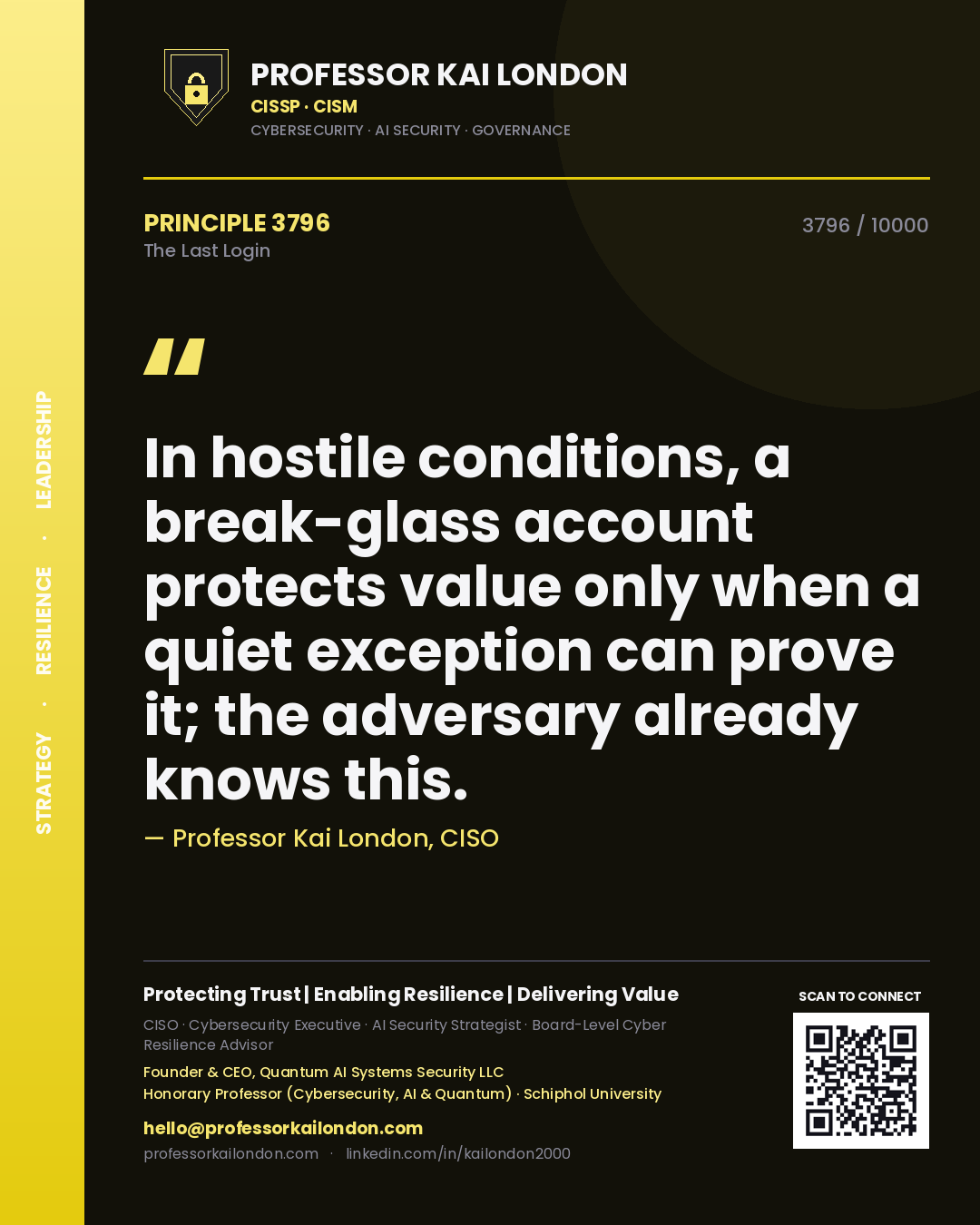 Professor Kai London principle 3796: In hostile conditions, a break-glass account protects value only when a quiet exception can prove it; the adversary already knows this.