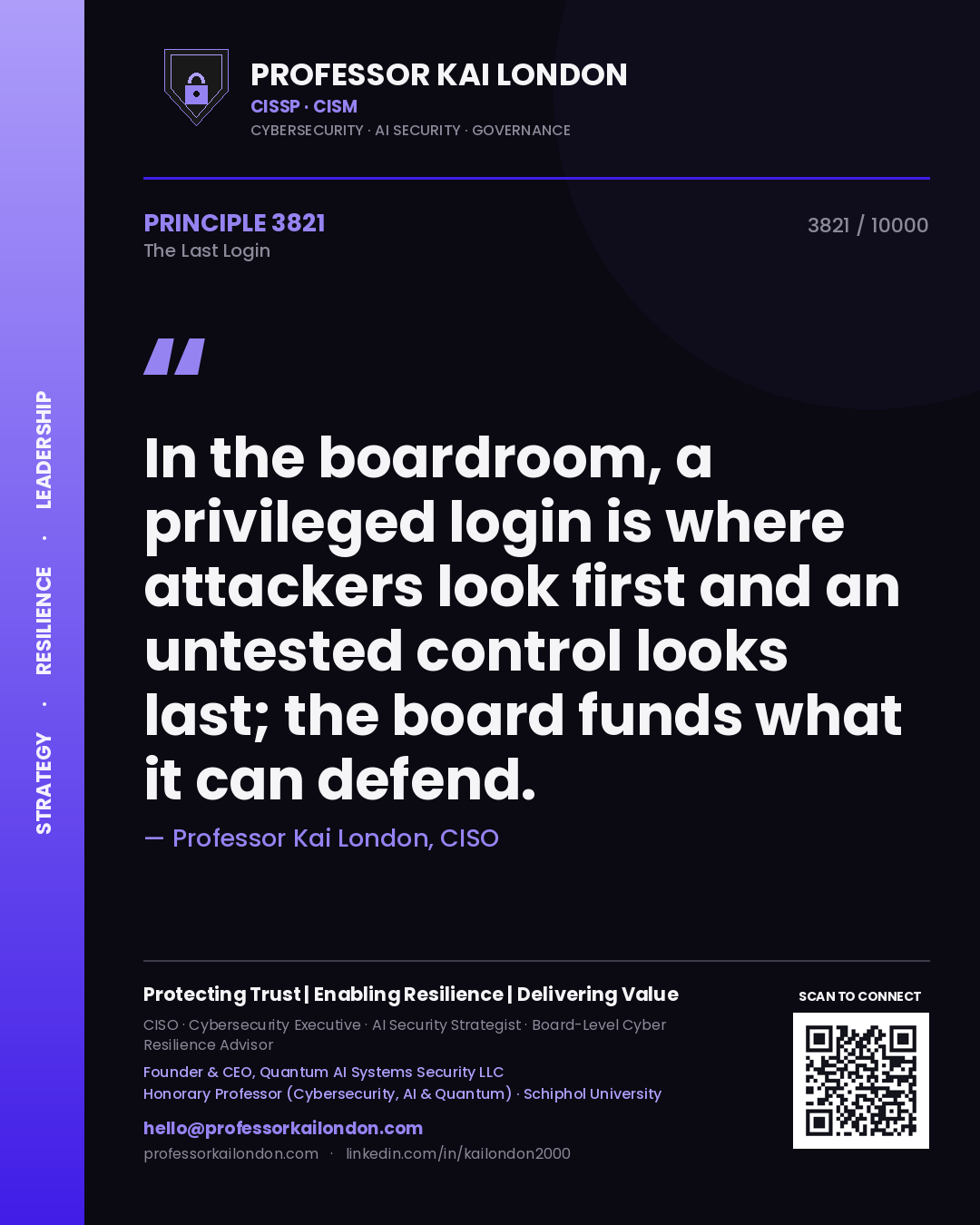 Professor Kai London principle 3821: In the boardroom, a privileged login is where attackers look first and an untested control looks last; the board funds what it can defend.