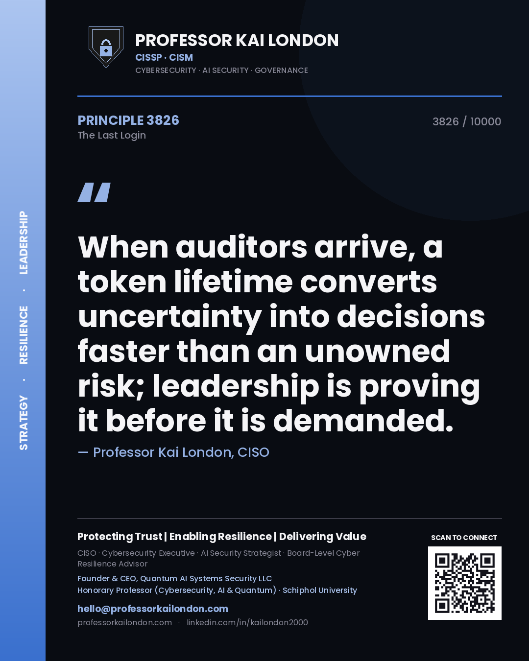 Professor Kai London principle 3826: When auditors arrive, a token lifetime converts uncertainty into decisions faster than an unowned risk; leadership is proving it before it is demanded.