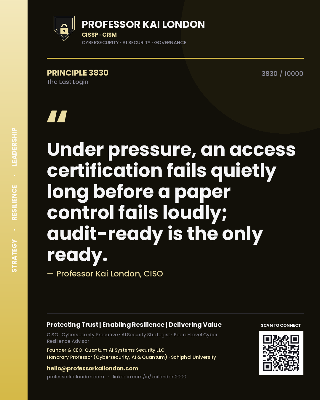 Professor Kai London principle 3830: Under pressure, an access certification fails quietly long before a paper control fails loudly; audit-ready is the only ready.