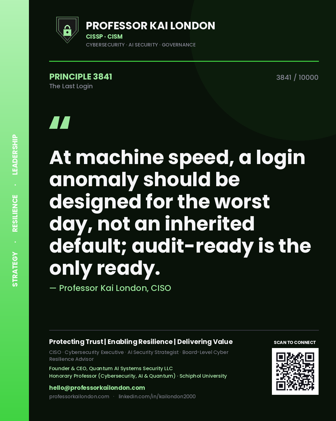 Professor Kai London principle 3841: At machine speed, a login anomaly should be designed for the worst day, not an inherited default; audit-ready is the only ready.