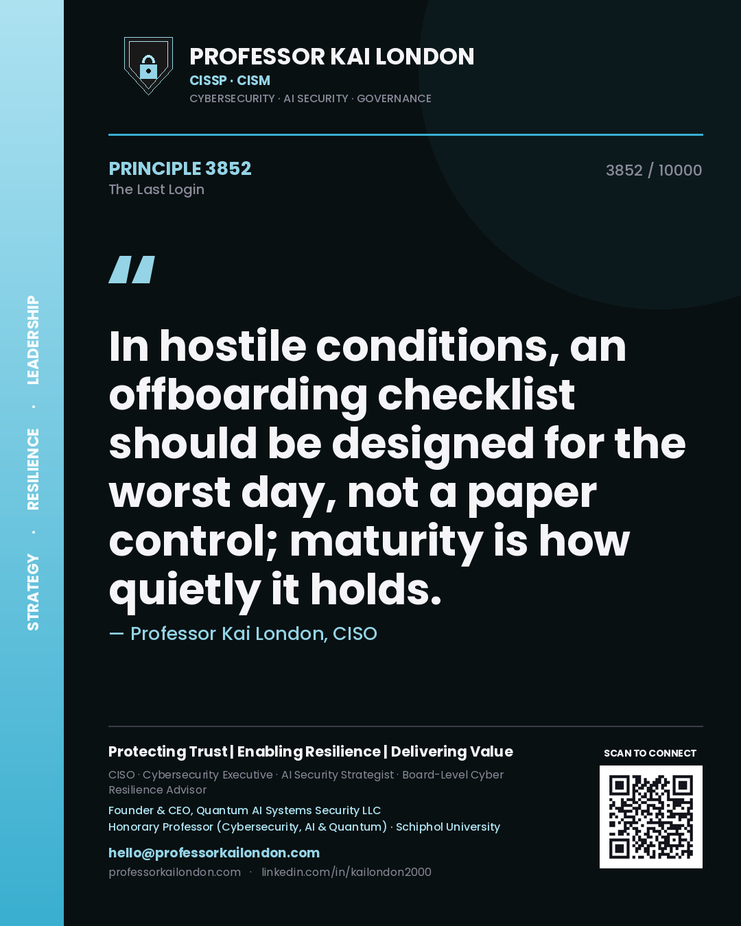 Professor Kai London principle 3852: In hostile conditions, an offboarding checklist should be designed for the worst day, not a paper control; maturity is how quietly it holds.