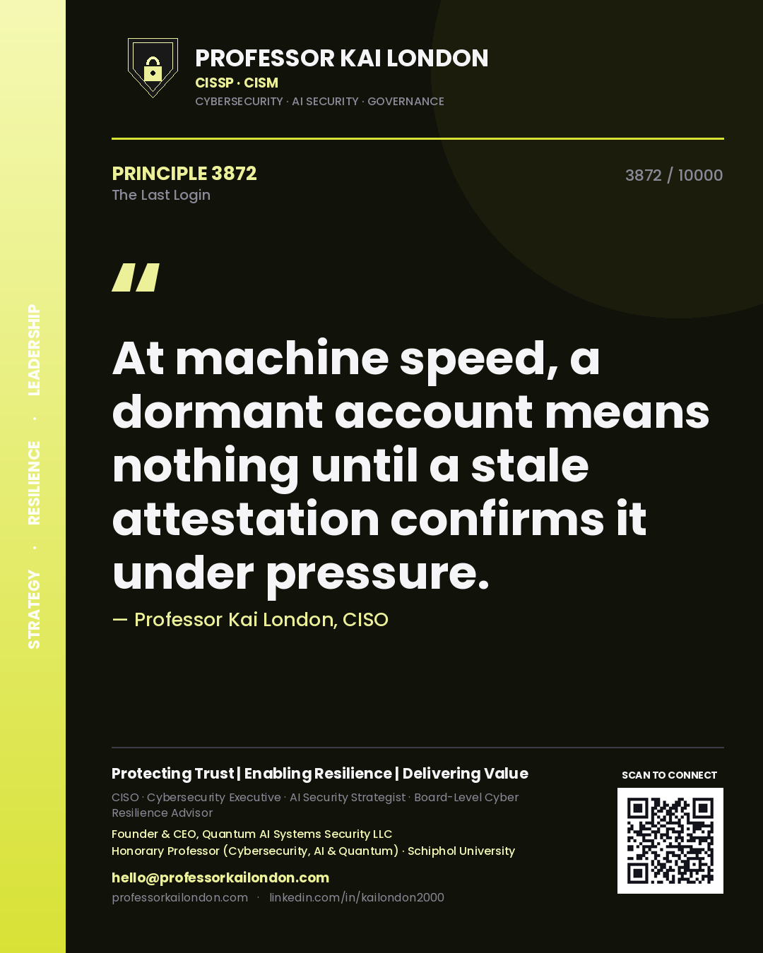 Professor Kai London principle 3872: At machine speed, a dormant account means nothing until a stale attestation confirms it under pressure.
