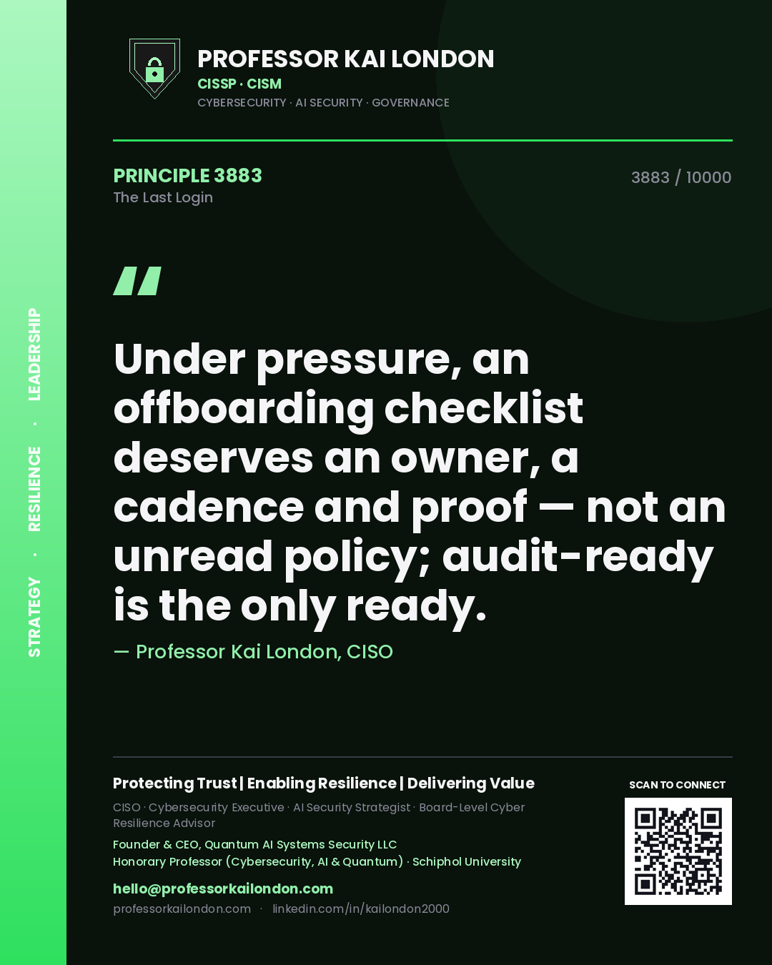 Professor Kai London principle 3883: Under pressure, an offboarding checklist deserves an owner, a cadence and proof — not an unread policy; audit-ready is the only ready.