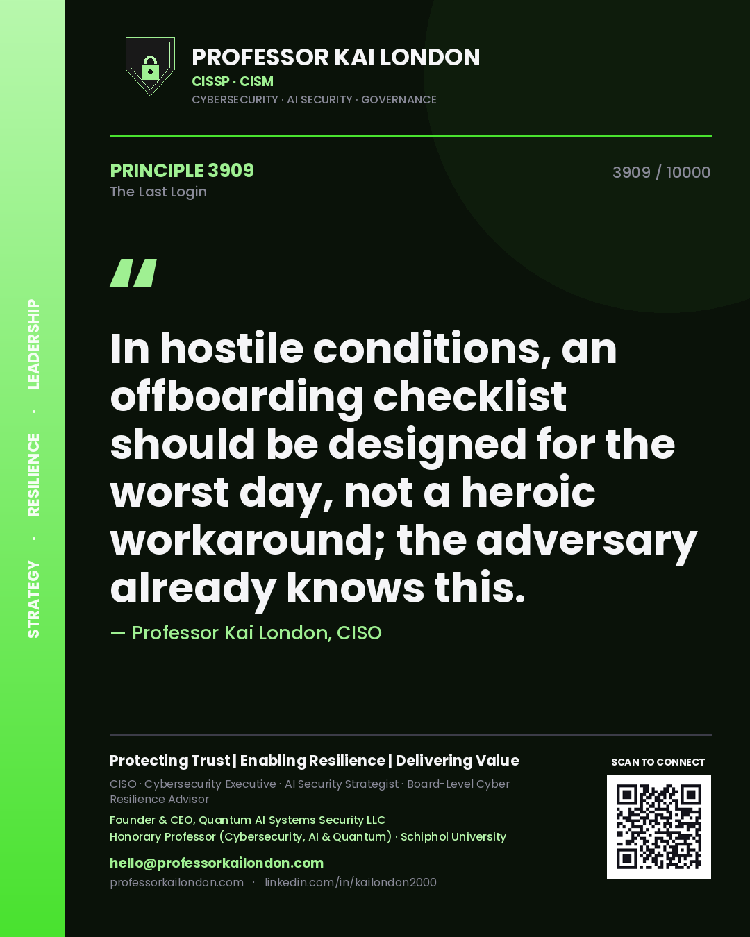 Professor Kai London principle 3909: In hostile conditions, an offboarding checklist should be designed for the worst day, not a heroic workaround; the adversary already knows this.