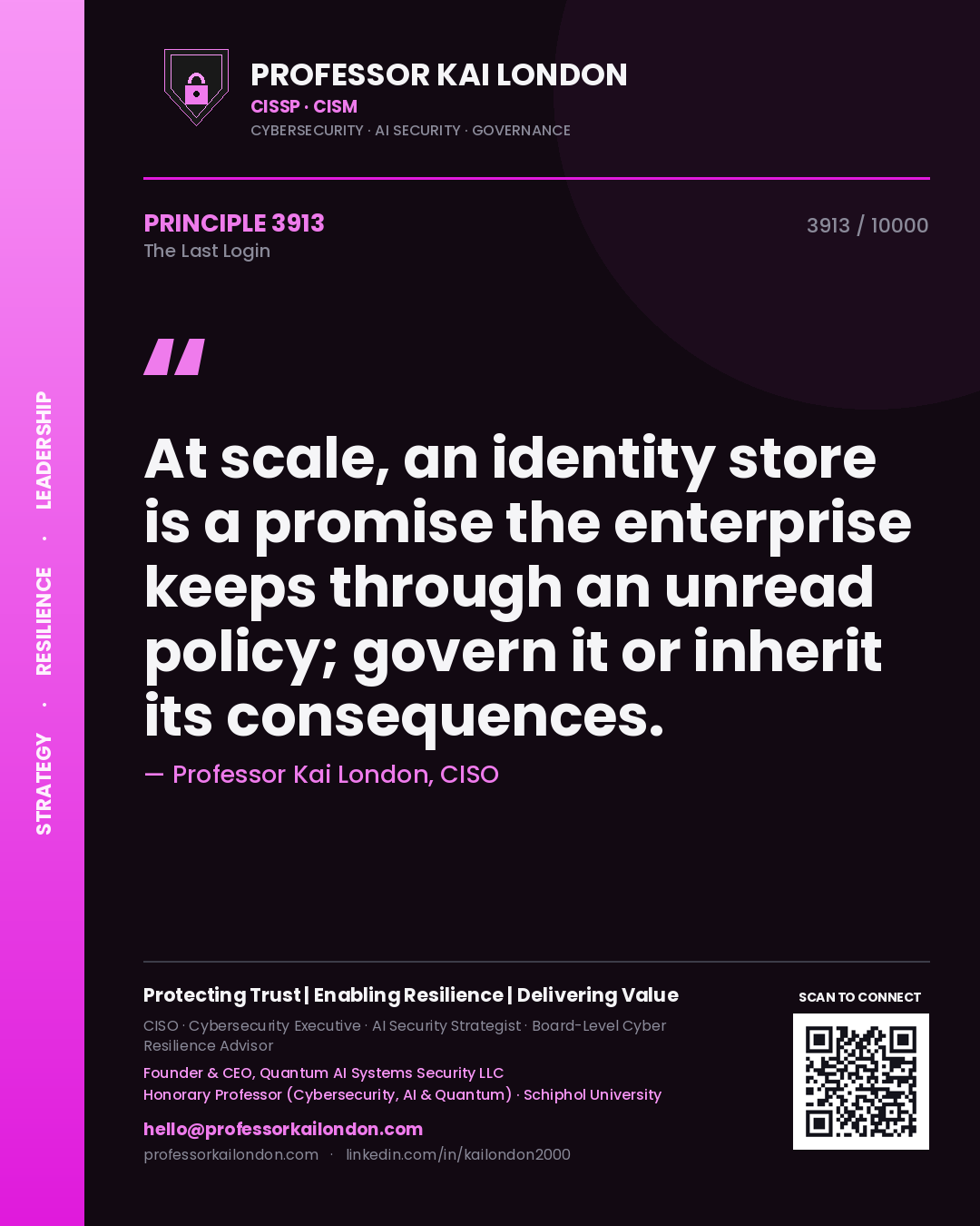 Professor Kai London principle 3913: At scale, an identity store is a promise the enterprise keeps through an unread policy; govern it or inherit its consequences.