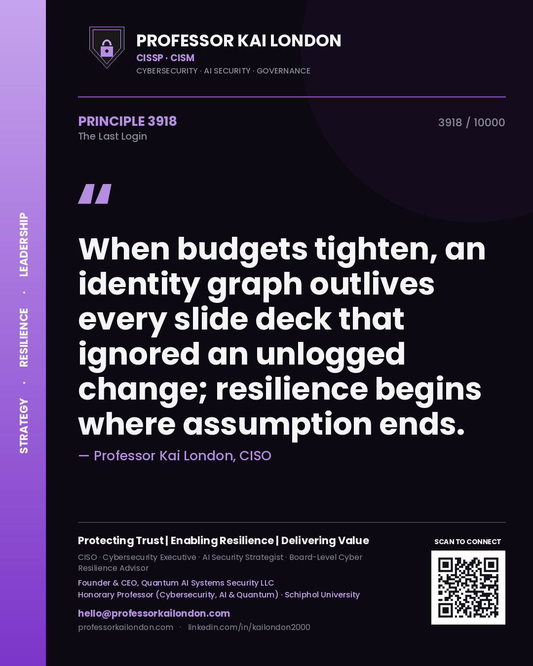 Professor Kai London principle 3918: When budgets tighten, an identity graph outlives every slide deck that ignored an unlogged change; resilience begins where assumption ends.