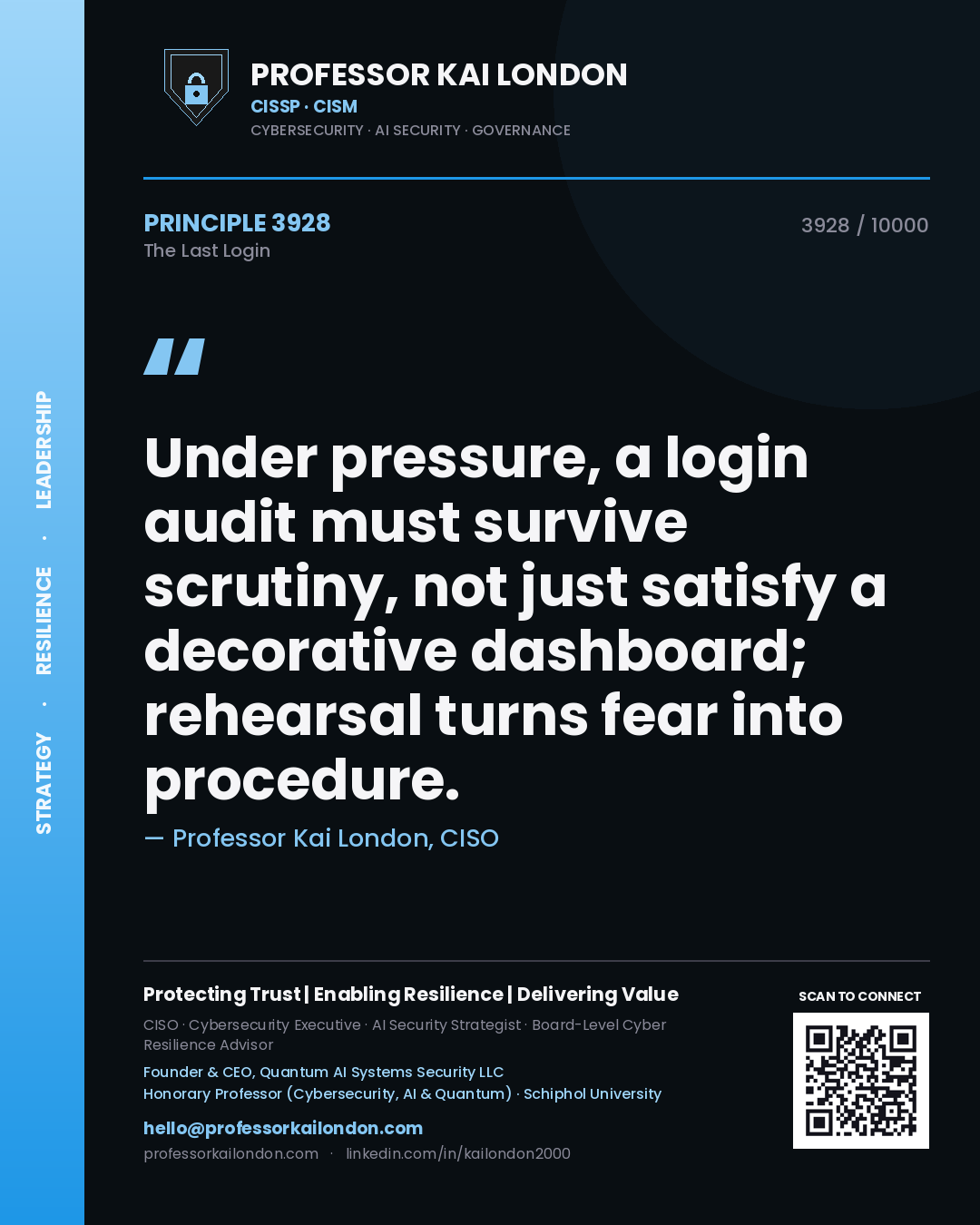 Professor Kai London principle 3928: Under pressure, a login audit must survive scrutiny, not just satisfy a decorative dashboard; rehearsal turns fear into procedure.