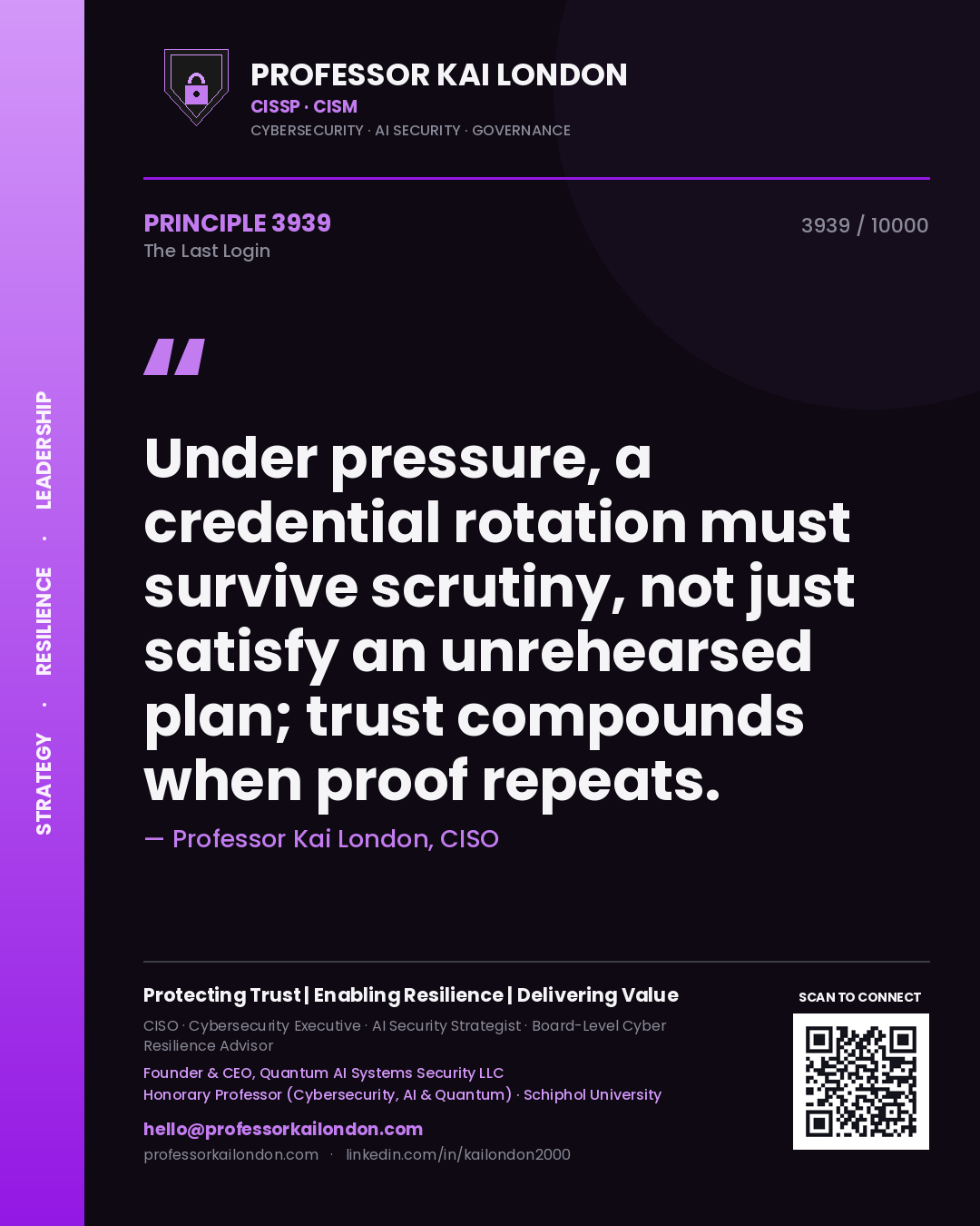 Professor Kai London principle 3939: Under pressure, a credential rotation must survive scrutiny, not just satisfy an unrehearsed plan; trust compounds when proof repeats.