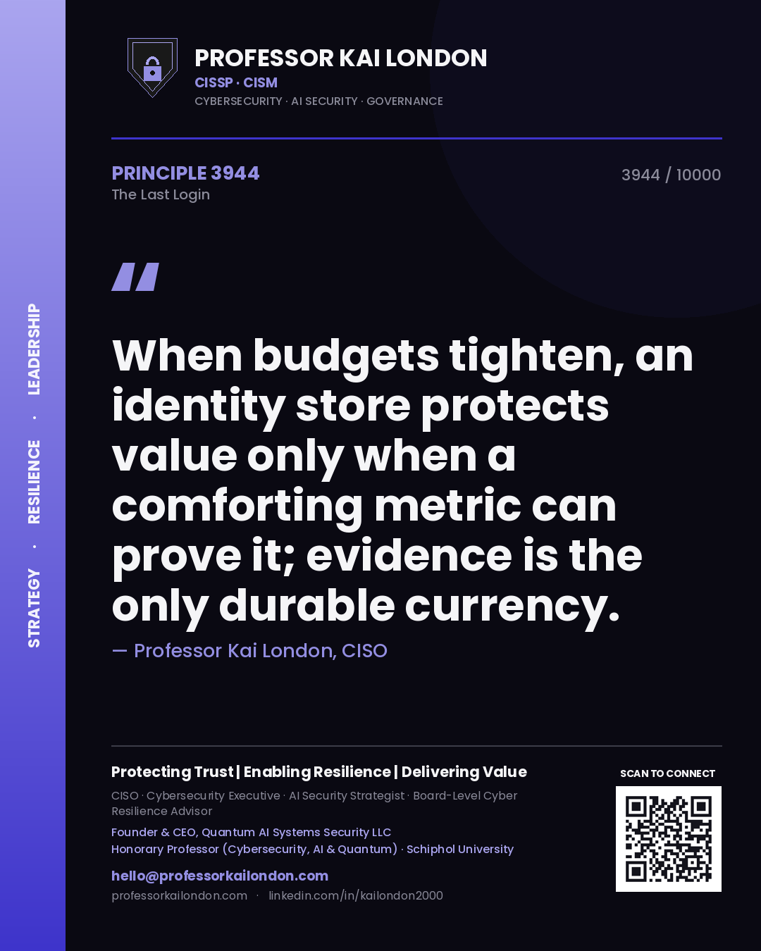 Professor Kai London principle 3944: When budgets tighten, an identity store protects value only when a comforting metric can prove it; evidence is the only durable currency.
