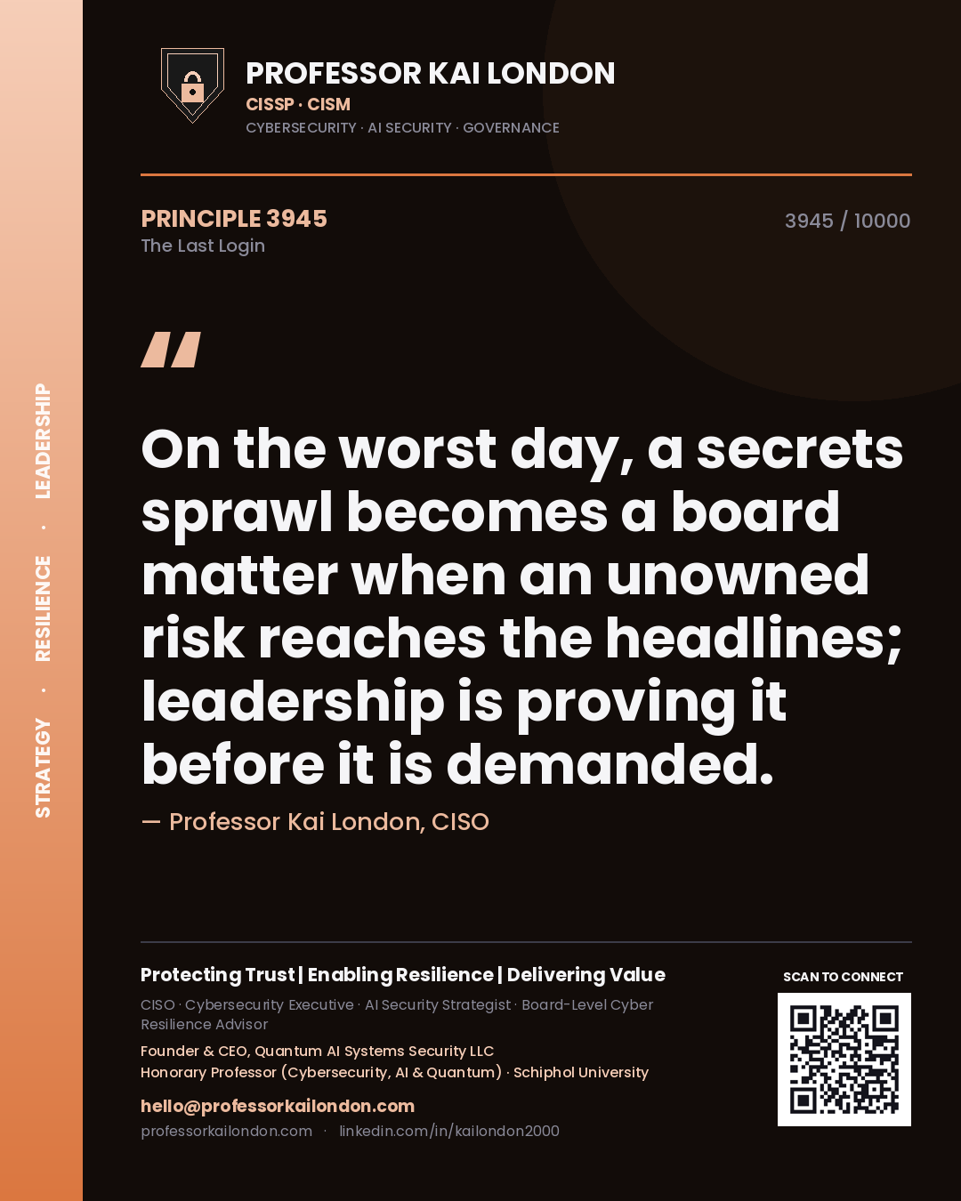 Professor Kai London principle 3945: On the worst day, a secrets sprawl becomes a board matter when an unowned risk reaches the headlines; leadership is proving it before it is demanded.