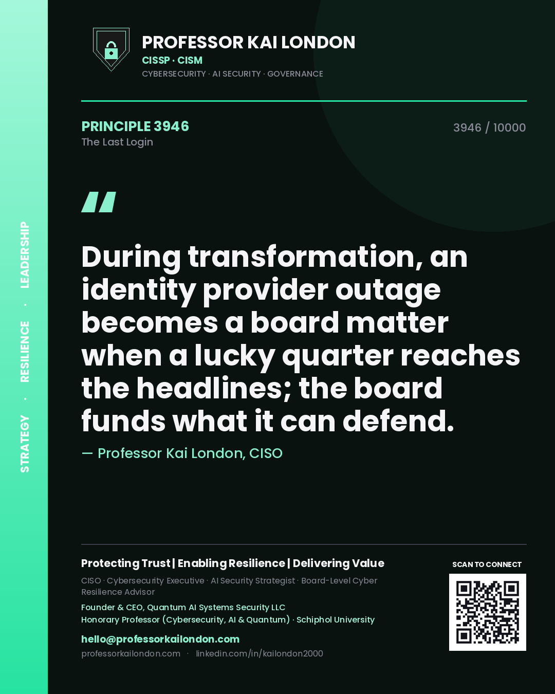 Professor Kai London principle 3946: During transformation, an identity provider outage becomes a board matter when a lucky quarter reaches the headlines; the board funds what it can defend.