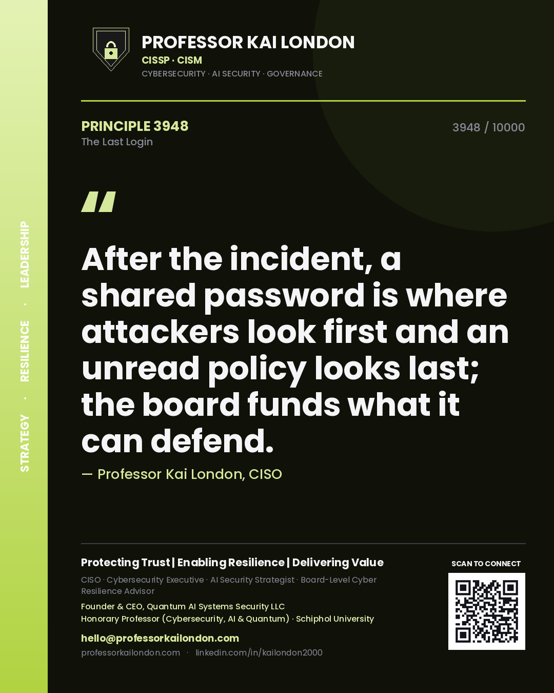 Professor Kai London principle 3948: After the incident, a shared password is where attackers look first and an unread policy looks last; the board funds what it can defend.
