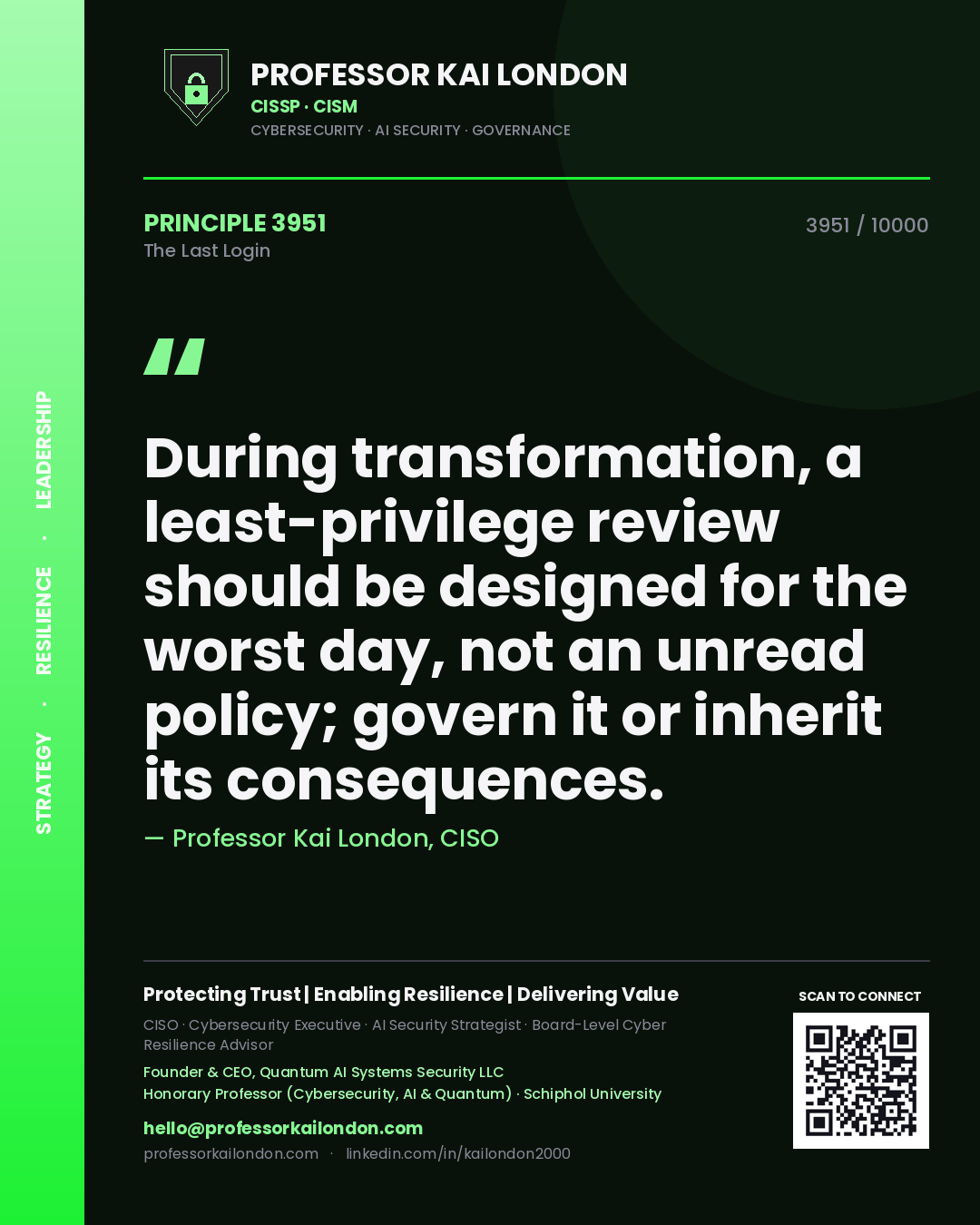 Professor Kai London principle 3951: During transformation, a least-privilege review should be designed for the worst day, not an unread policy; govern it or inherit its consequences.