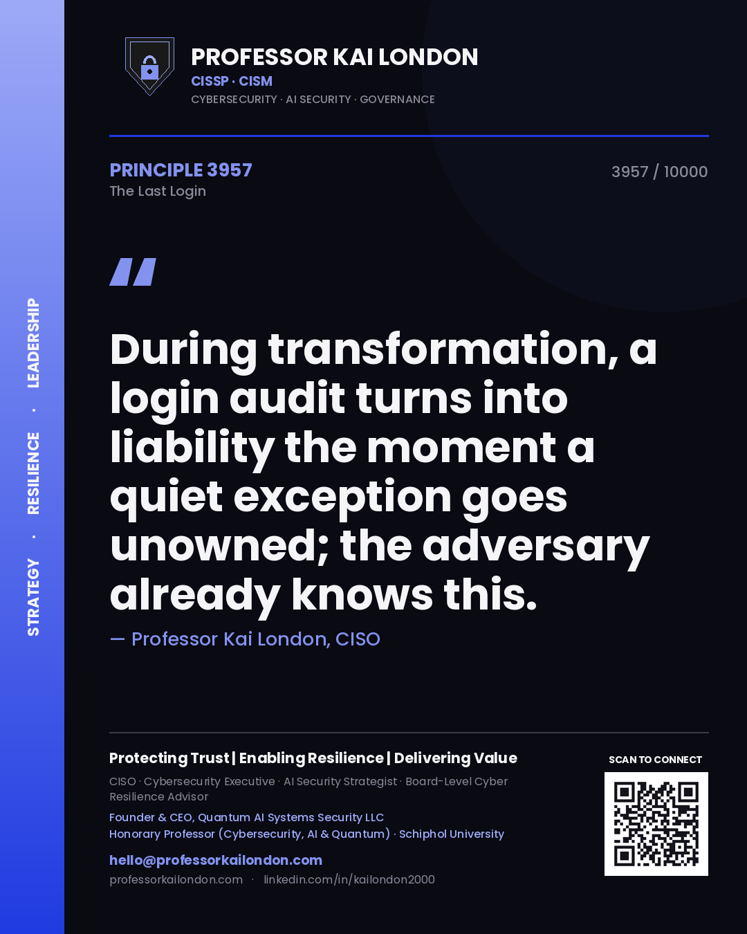 Professor Kai London principle 3957: During transformation, a login audit turns into liability the moment a quiet exception goes unowned; the adversary already knows this.