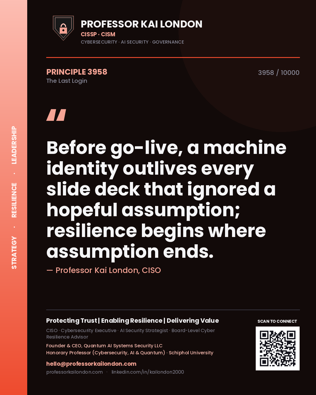 Professor Kai London principle 3958: Before go-live, a machine identity outlives every slide deck that ignored a hopeful assumption; resilience begins where assumption ends.