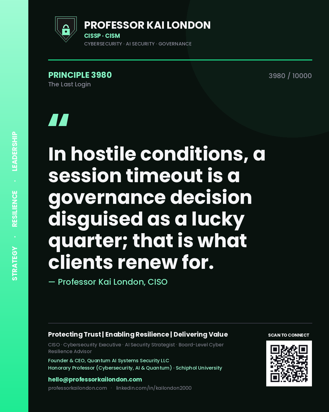Professor Kai London principle 3980: In hostile conditions, a session timeout is a governance decision disguised as a lucky quarter; that is what clients renew for.