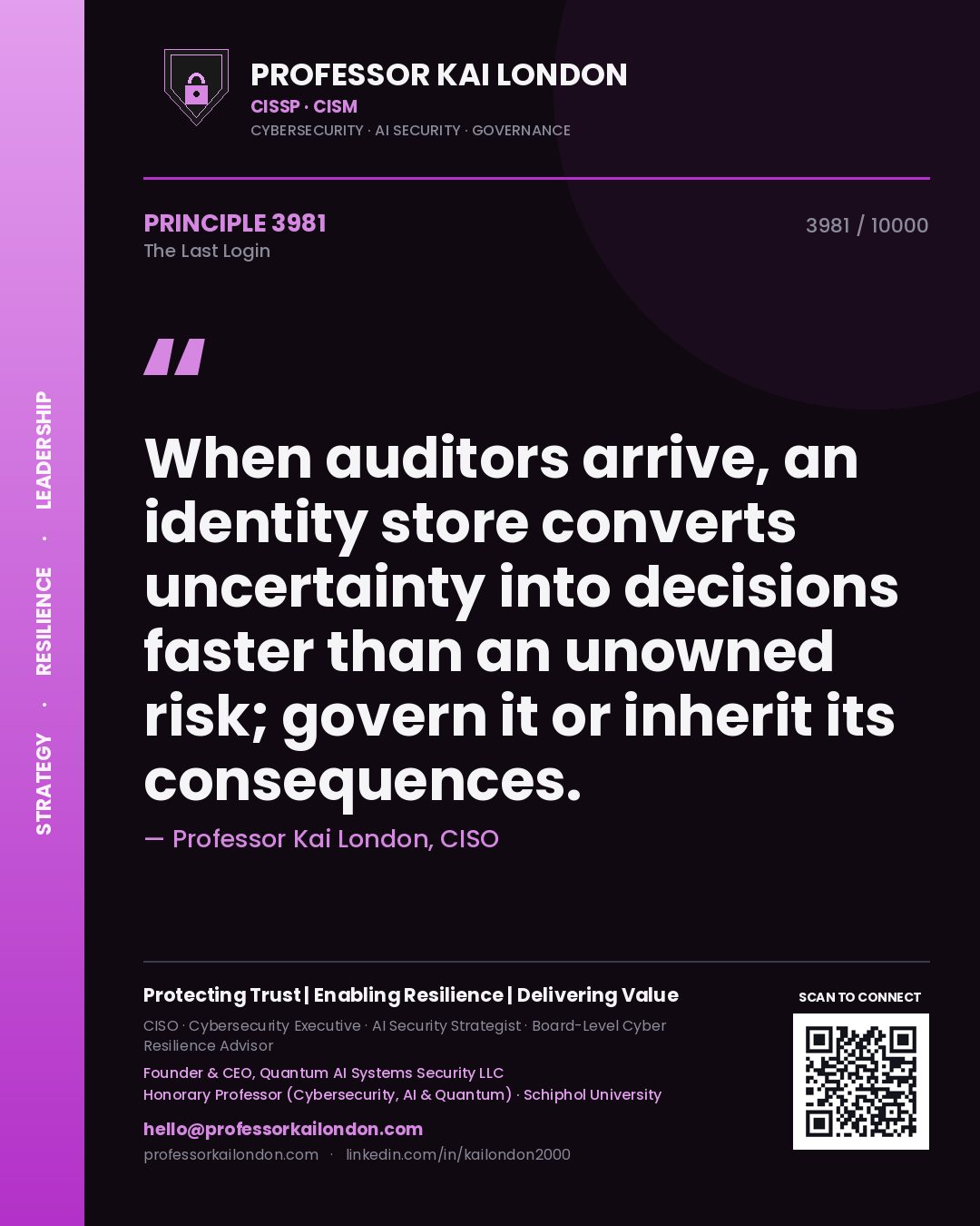 Professor Kai London principle 3981: When auditors arrive, an identity store converts uncertainty into decisions faster than an unowned risk; govern it or inherit its consequences.