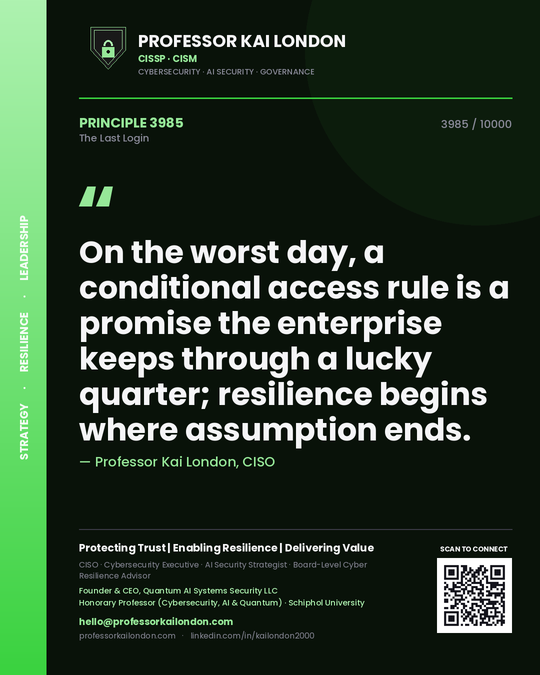 Professor Kai London principle 3985: On the worst day, a conditional access rule is a promise the enterprise keeps through a lucky quarter; resilience begins where assumption ends.