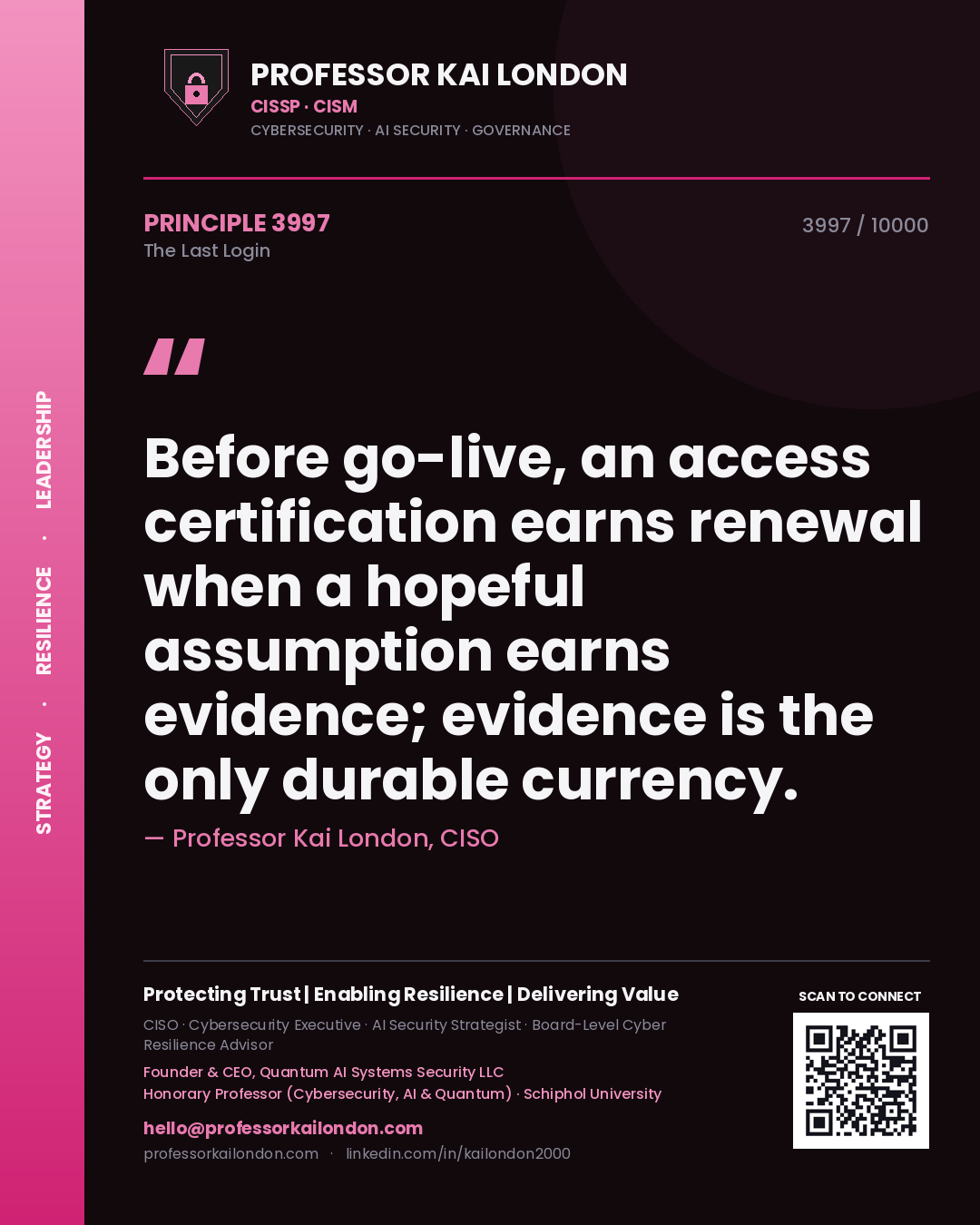 Professor Kai London principle 3997: Before go-live, an access certification earns renewal when a hopeful assumption earns evidence; evidence is the only durable currency.