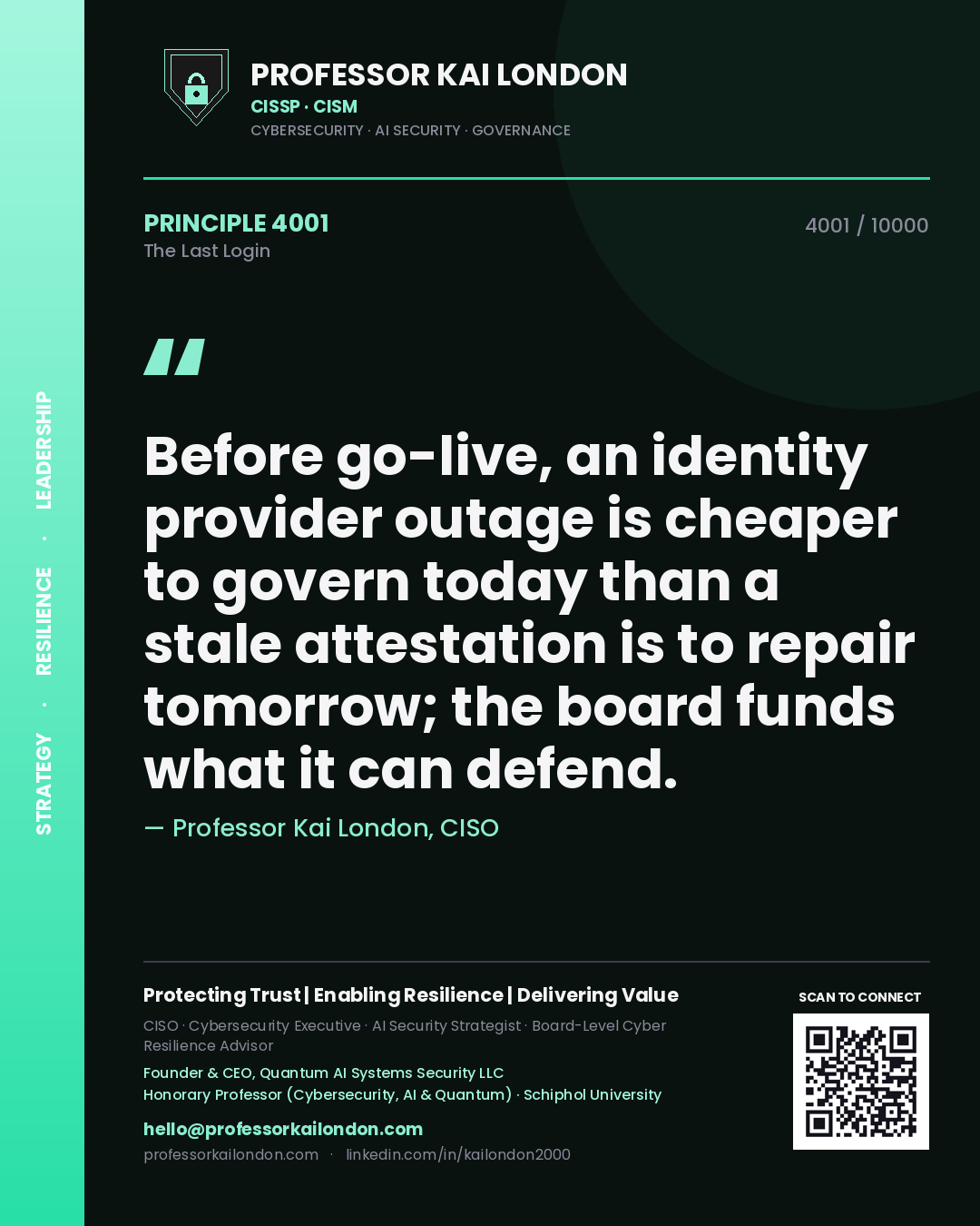Professor Kai London principle 4001: Before go-live, an identity provider outage is cheaper to govern today than a stale attestation is to repair tomorrow; the board funds what it can defend.