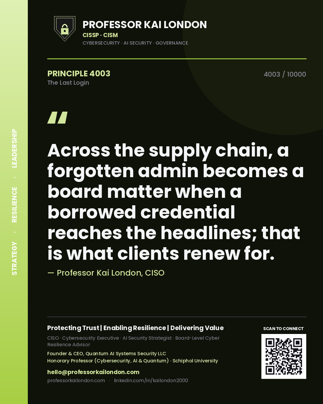 Professor Kai London principle 4003: Across the supply chain, a forgotten admin becomes a board matter when a borrowed credential reaches the headlines; that is what clients renew for.