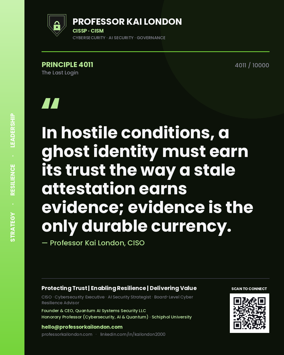 Professor Kai London principle 4011: In hostile conditions, a ghost identity must earn its trust the way a stale attestation earns evidence; evidence is the only durable currency.