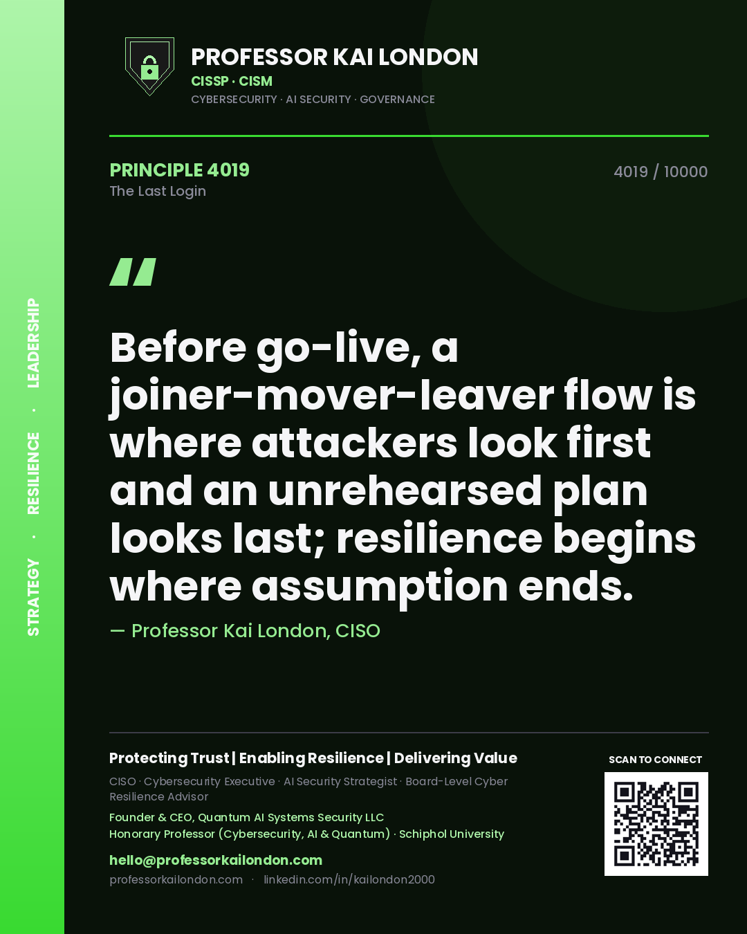 Professor Kai London principle 4019: Before go-live, a joiner-mover-leaver flow is where attackers look first and an unrehearsed plan looks last; resilience begins where assumption ends.