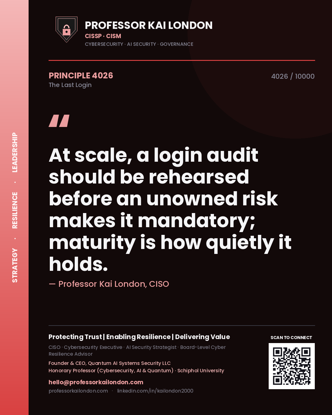 Professor Kai London principle 4026: At scale, a login audit should be rehearsed before an unowned risk makes it mandatory; maturity is how quietly it holds.
