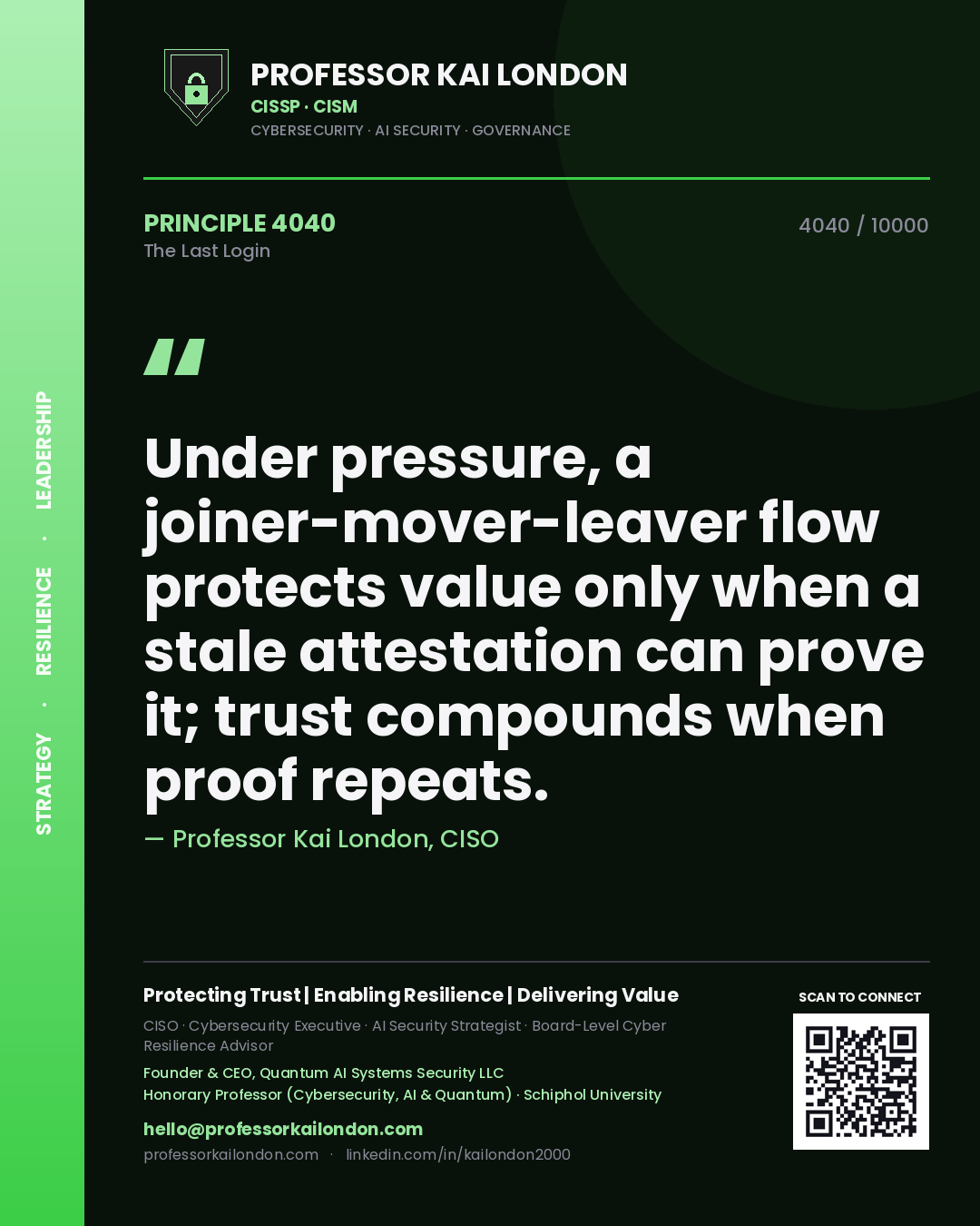 Professor Kai London principle 4040: Under pressure, a joiner-mover-leaver flow protects value only when a stale attestation can prove it; trust compounds when proof repeats.